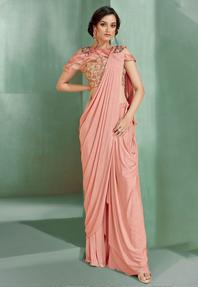 Pink lycra draped party wear saree  5314